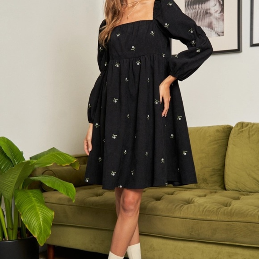 Black and White Long Sleeve Embroidered Corduroy Dress with Square Neck